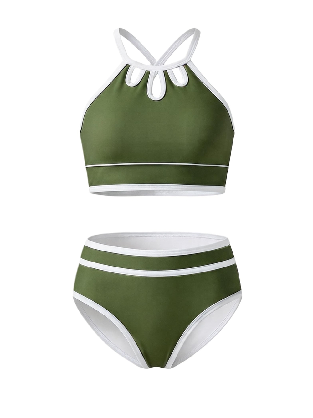 Kids Olive Green High-Neck Two-Piece Swim Set - White Trim